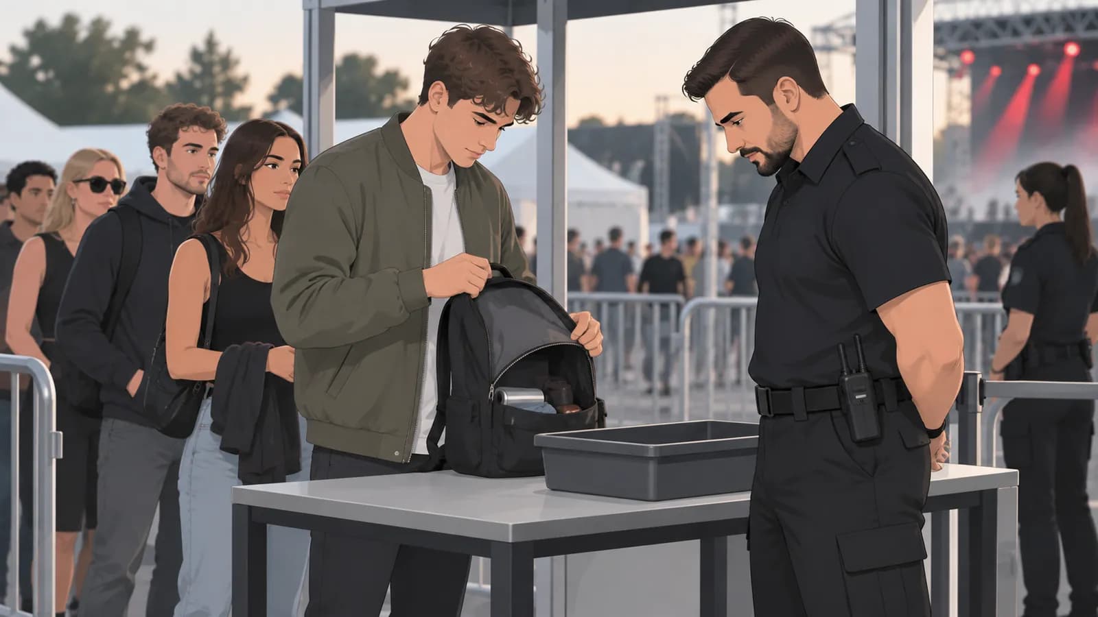 Einlasskontrolle bei einem Festival: Ein Besucher öffnet seinen Rucksack selbst, der Sicherheitsmitarbeiter schaut hinein, ohne ihn anzufassen