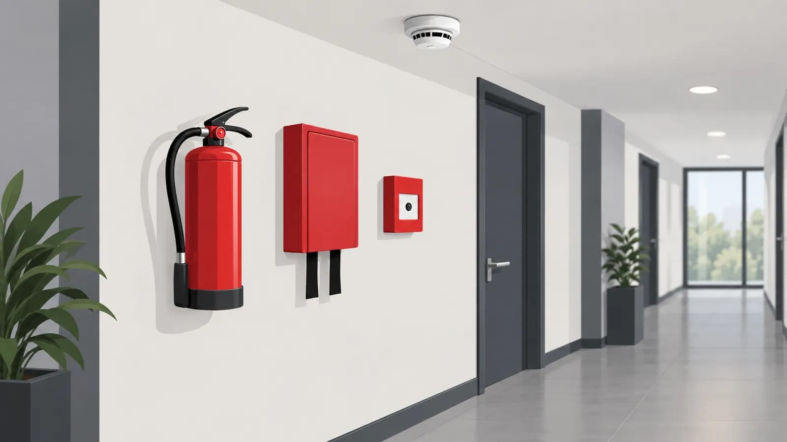 Flur mit Feuerlöscher, Löschdecke und Handfeuermelder an der Wand sowie einem Rauchmelder an der Decke