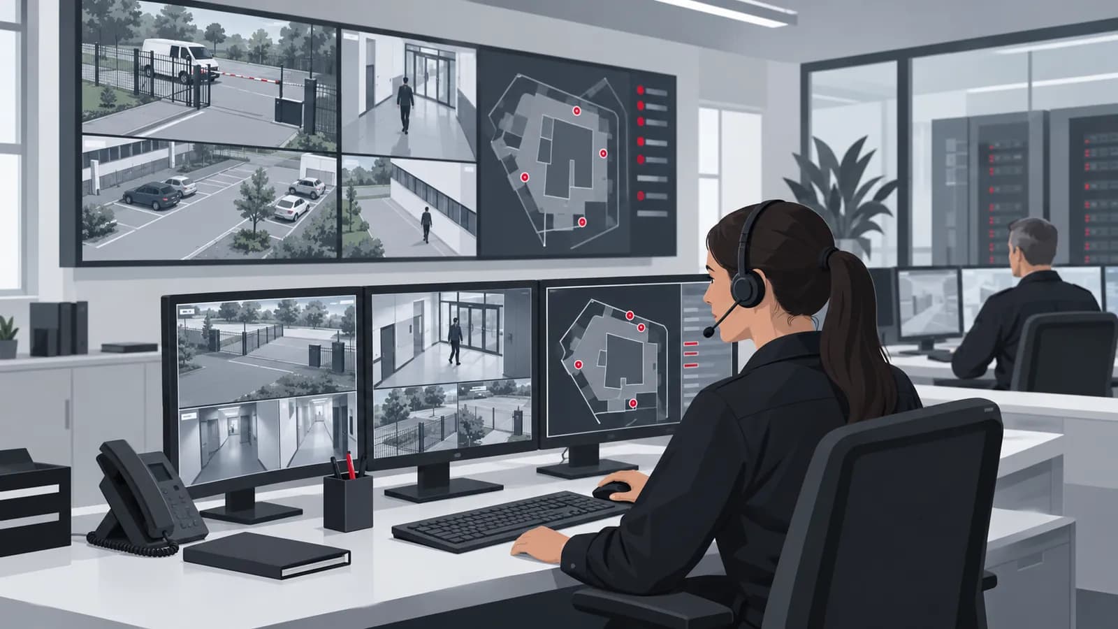 Leitstelle eines Sicherheitsdienstes: Mitarbeiterin mit Headset an mehreren Monitoren mit Kamerabildern und einem Objektplan mit Alarmpunkten