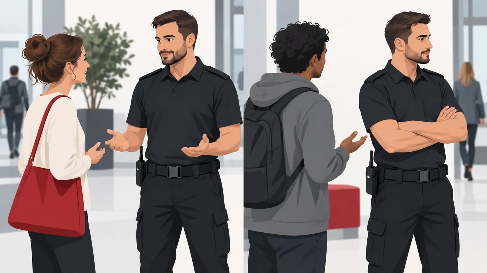 Zwei Gesprächssituationen im Vergleich: links ein Sicherheitsmitarbeiter mit offener, zugewandter Haltung und offenen Händen, rechts mit verschränkten Armen und abgewandtem Blick
